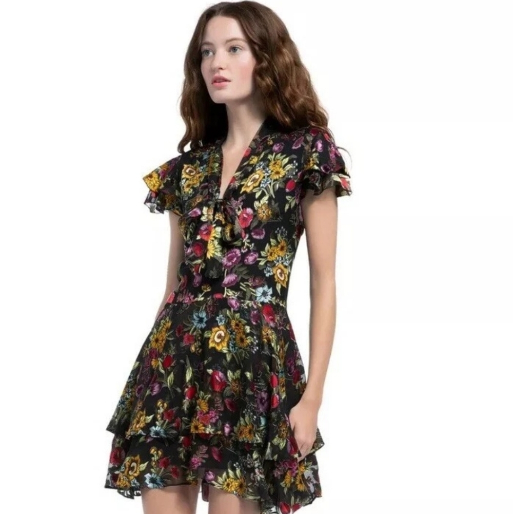 Alice + Olivia Moore Ruffle Tiered Floral Dress Size 2 NWOT